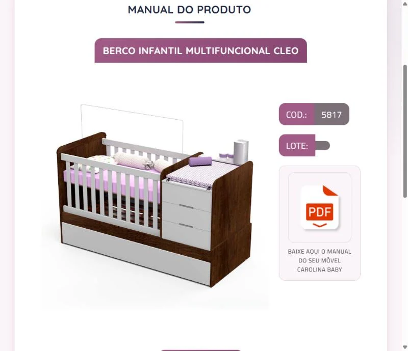 Página do manual do produto: foto do berço, código, lote e download do PDF