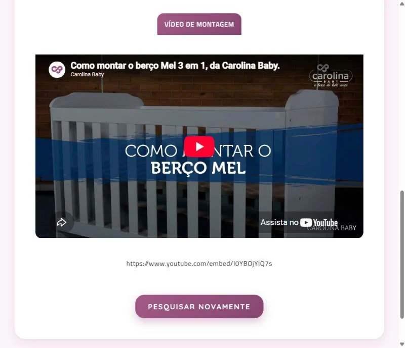 Vídeo de montagem incorporado na página do produto